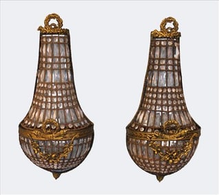 Pair of French Empire Style Gilt Bronze and Crystal Wall Sconces