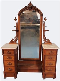 Rare Victorian Walnut Marble-Top Cheval Dresser, Stamped Huckley & Bancroft, Boston