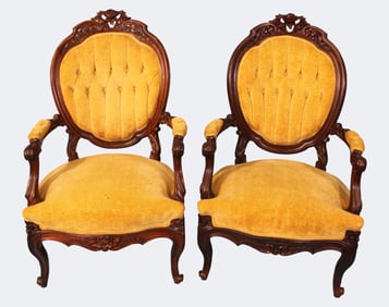 Pair of Victorian Carved Walnut Parlor Chairs, Late 19th Century