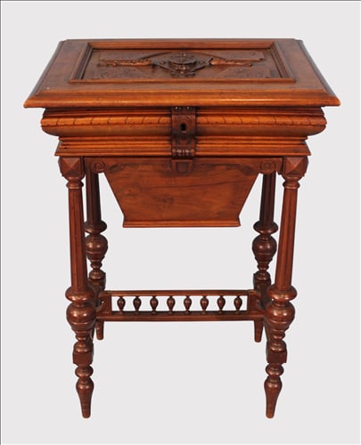 Renaissance Revival Carved Sewing Table with Bird’s-Eye Maple Interior, c. 1870s (1 of 3)