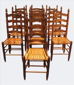 Set of Ten French Ladderback Oak Chairs
