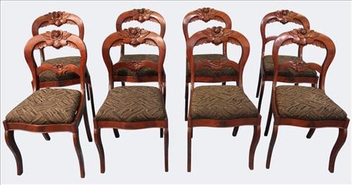 Set of Eight Victorian Rose Carved Baloon-Back Dinning or Side Chairs