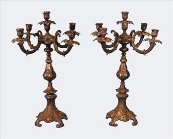 Pair of Five-Light Gilded Spelter Candelabra, Rococo Revival Style (Late 19th Century)