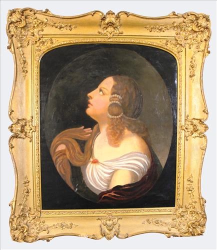 William Alexander Kennedy Martin (1817–1867), American Portrait of a Woman in Profile, signed and: A finely executed allegorical oil on canvas portrait of a woman in profile, her head turned upward in a dramatic pose with jeweled adornments in her braided hair and a white draped garment accented by