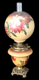 Victorian Electrified Banquet Lamp Painted Floral Globe, c. 1890