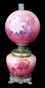 Victorian Banque tLamp with Floral Painted Globe, c. 1890