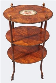 Continental Inlaid Parquetry Etagere with Porcelain Plaque