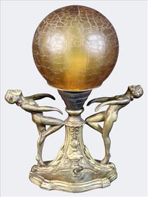 Art Deco Figural Lamp with Crackle Glass Globe