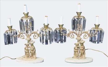 Pair of Electrified Brass Girondoles with Prisms