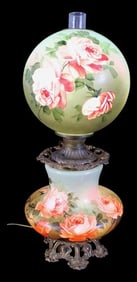 Brilliant Hand-Painted Floral Banquet or "Gone with the Wind" Lamp