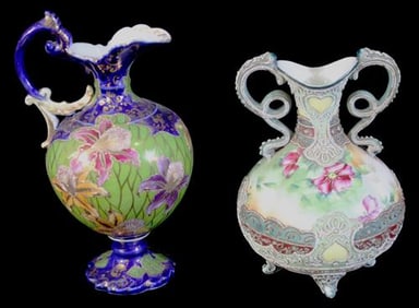 Lot of Two Nippon Art Pottery Pieces: Vase and Pitcher