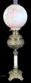 Alabaster and Brass Banquet Lamp with Hand-Painted Shade