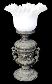 Victorian Style Cast Metal Table Parlor Lamp with Ruffled Shade