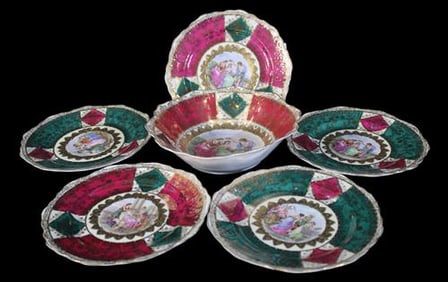 Set of Six, Five Beehive Vienna-Style Portrait Plates and One Bowl