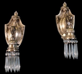 Pair  of Silvered Wall Sconces with Crystal Prisms