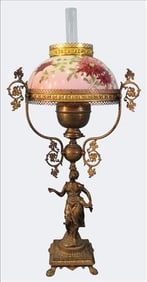 English Figural Banquet Lamp with Painted Floral Shade, Oil only