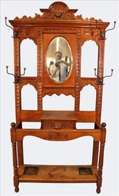 Carved Oak Hall Tree with Mirror, Late 19th Century