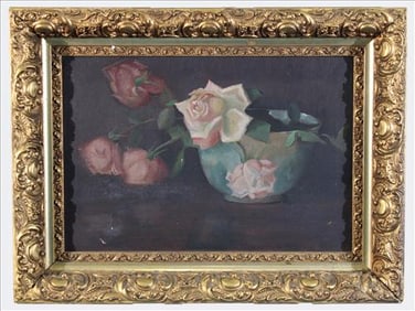 American School Oil on Canvas Still Life Roses, 19th Century