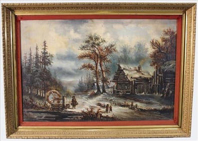 Oil Painting of cabine and woods in period gilt fraAmerican School Oil on Canvas, Rustic Mill Scene,