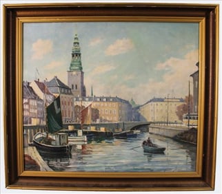Signed Oil on Canvas, Harbor Scene with Church Tower, Mid-20th Century