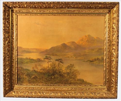 After Alfred de Breanski Sr., "Highland Landscape", Early Chromolithograph Print: An early chromolithograph after Alfred de Breanski Sr., the celebrated British painter of Scottish Highland landscapes. This atmospheric scene depicts a sweeping view of a loch with mountains rising i