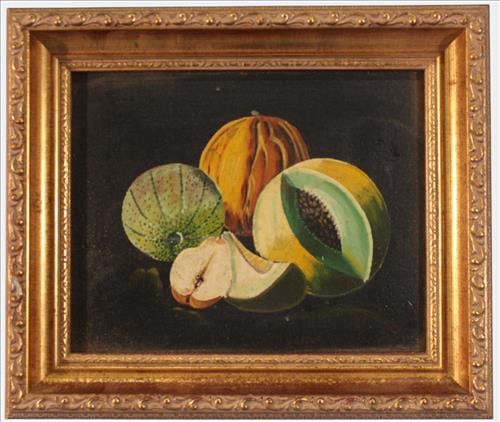 Contemporary Still Life of Melons, Oil on Board: A nicely executed still life depicting an arrangement of four melons, including whole and cut forms, rendered with rich color and realistic detail against a dark ground. Signed indistinctly at lower r