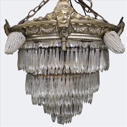 Neoclassical Bronze and Crystal Chandelier with Mask Mounts (1 of 3)
