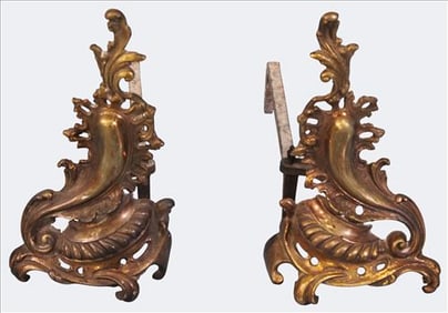 Pair of Rococo Style Brass Chenets