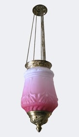 Victorian Hanging Oil Lamp with Original Cranberry-to-Opaline Shade