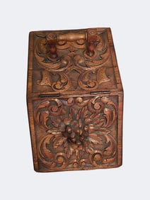 Heavily Carved Oak Coal Hod with Original Liner and Shovel