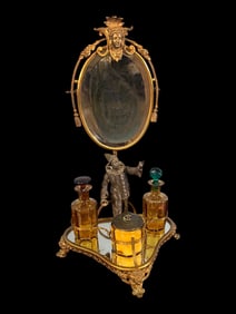 Figural Bronze and Glass Perfume Vanity set with Mirror