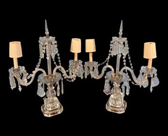 Pair of Cut Glass and Crystal Two Light Candelabra Lamps