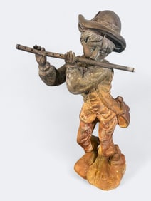 Patinated Bronze Figure of a Young Flute Player, Signed, Early 20th Century