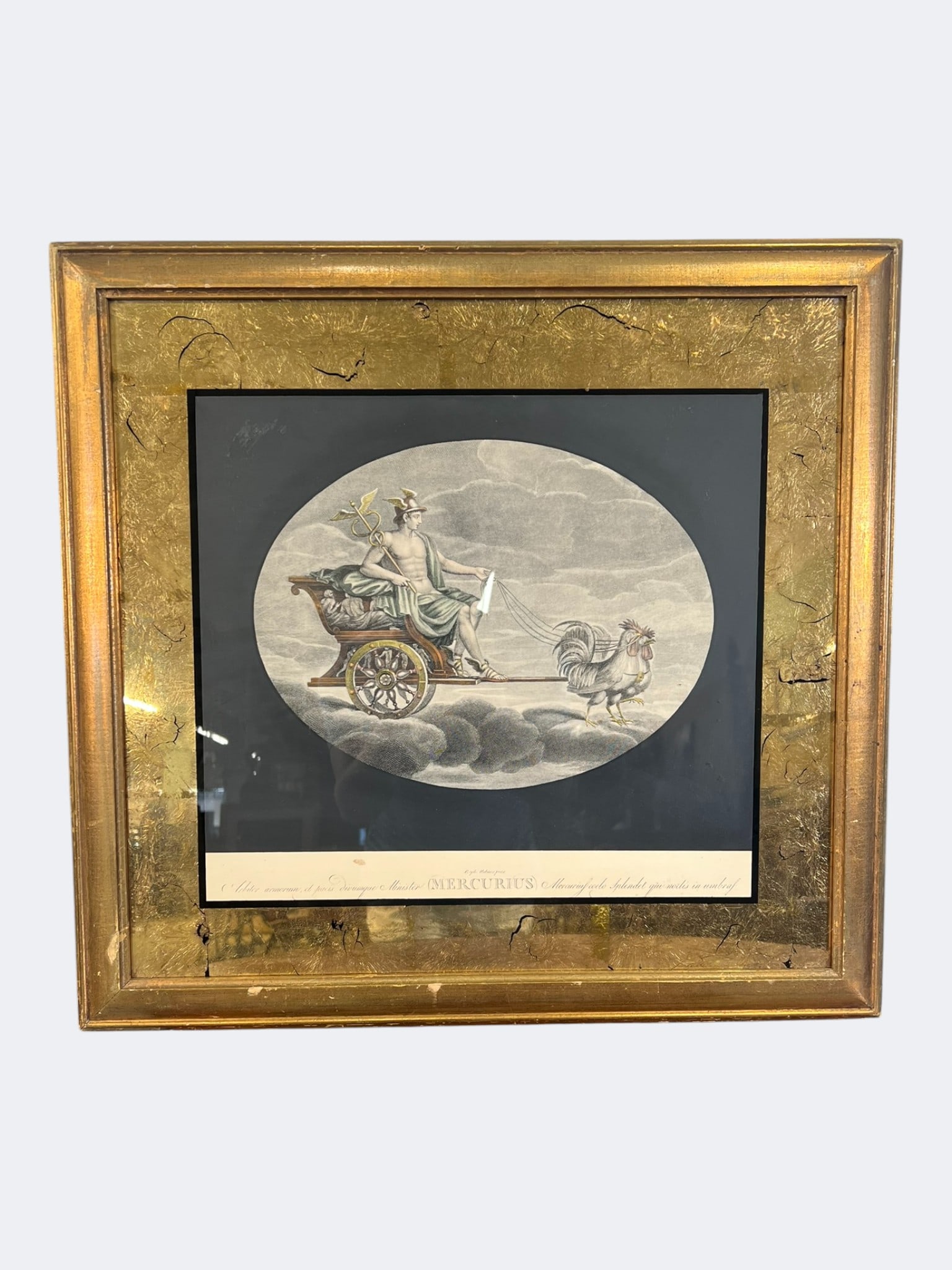 Neoclassical Engraving of Mercurius, 19th century: Hand-colored engraving depciting Mercurius (Mercury), the Roman messenger god, shown in a chariot pulled by a rosseter, holding the caduceus. Inscribed in Latin below with classical verse and the titl