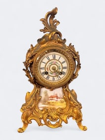 French Gilt Metal and Prcelain Mantel Clock, Late 19th Century