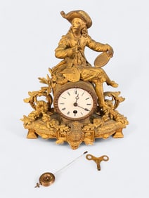 French Gilt Spelter Figural Mantel Clock with Musketeer, 19th Century