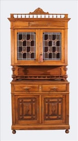 Continental Carved Walnut Cabinet with Stained Glass, late 19th century