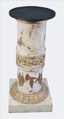 Neoclassical Style Painted and Gilt Pedestal: Cylindrical pedestal in distressed painted finish, with gilt acanthus leaf molding at the base and a gilt foliate band around the center. Raised on a square plinth base with molded edges. The top surf