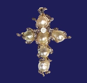 18K Yellow Gold and Golden South Sea Pearl Cross Pendant with Diamond Accents