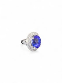 Signed Oscar Friedman Platinum Tanzanite and Diamond Ring, 17.21 Carats