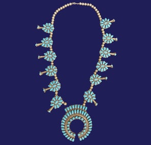 Signed Navajo Sterling Silver and Turquoise Squash Blossom Necklace