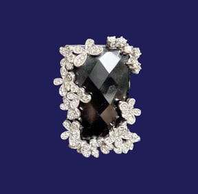 Custom 18K White Gold Black Onyx and Diamond Ring, 35 Carats