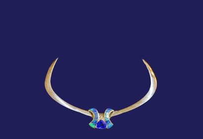 14K Yellow Gold Custom Slide with Black Opals, Trillion Tanzanite, and Diamonds
