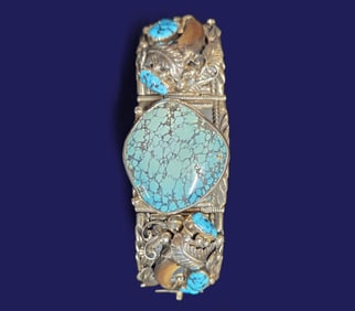 Signed Navajo Sterling Silver Bracelet with Spider Turquoise, Royston Turquoise, and Bear Claw