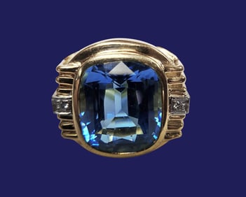 18K Yellow Gold Custom Blue Topaz and Diamond Ring, 20 Carats
