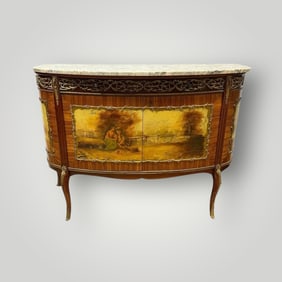 French Style Painted Marble Top Demilune Commode