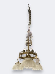 Elegant Victorian Brass Three-Light Chandelier with Frosted Etched Glass Shades, c. 1890