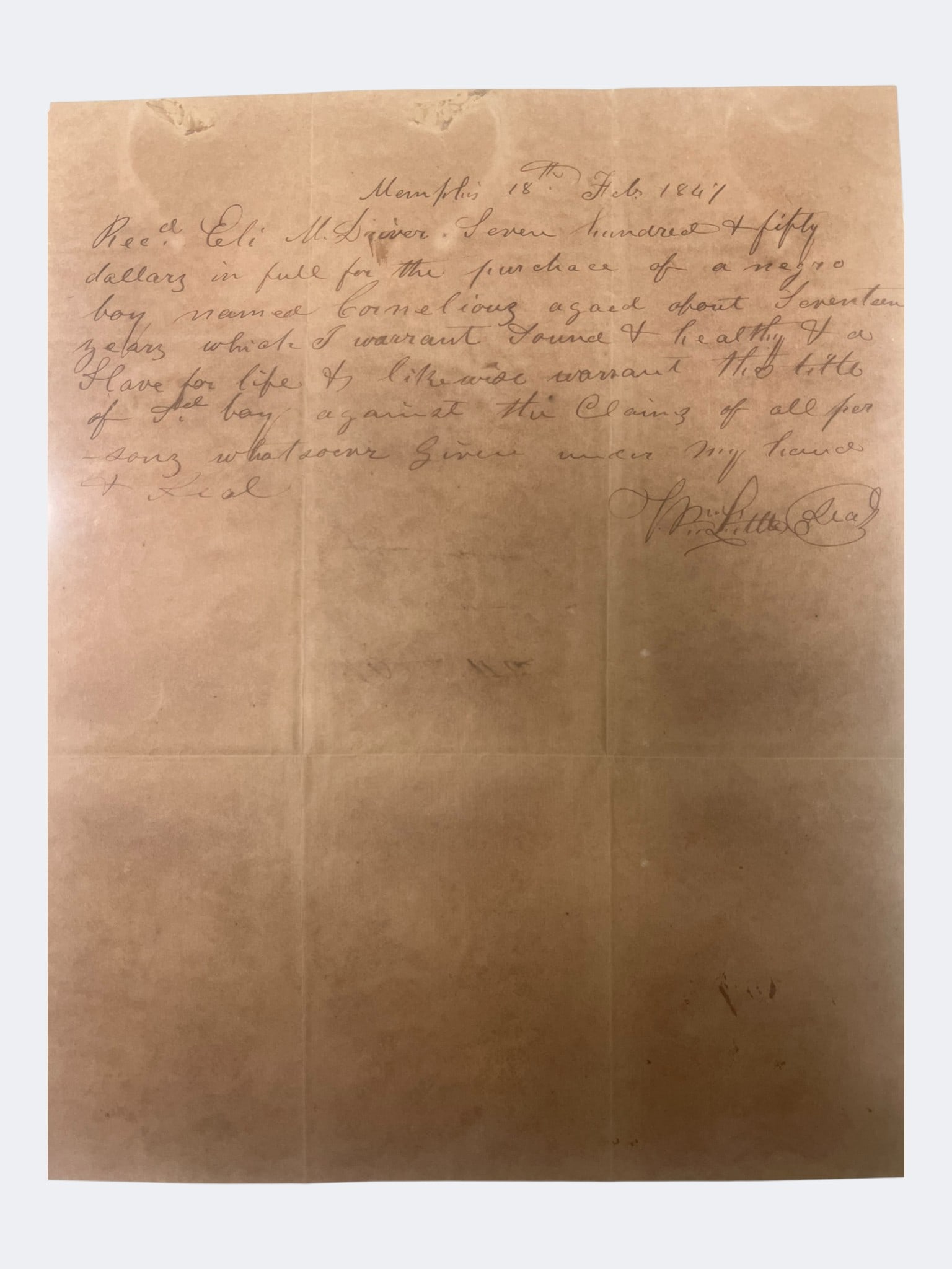 1841 Memphis Slave Bill of Sale — Enslaved Boy “Cornelius,” Sold to Eli M. Driver (1 of 2)