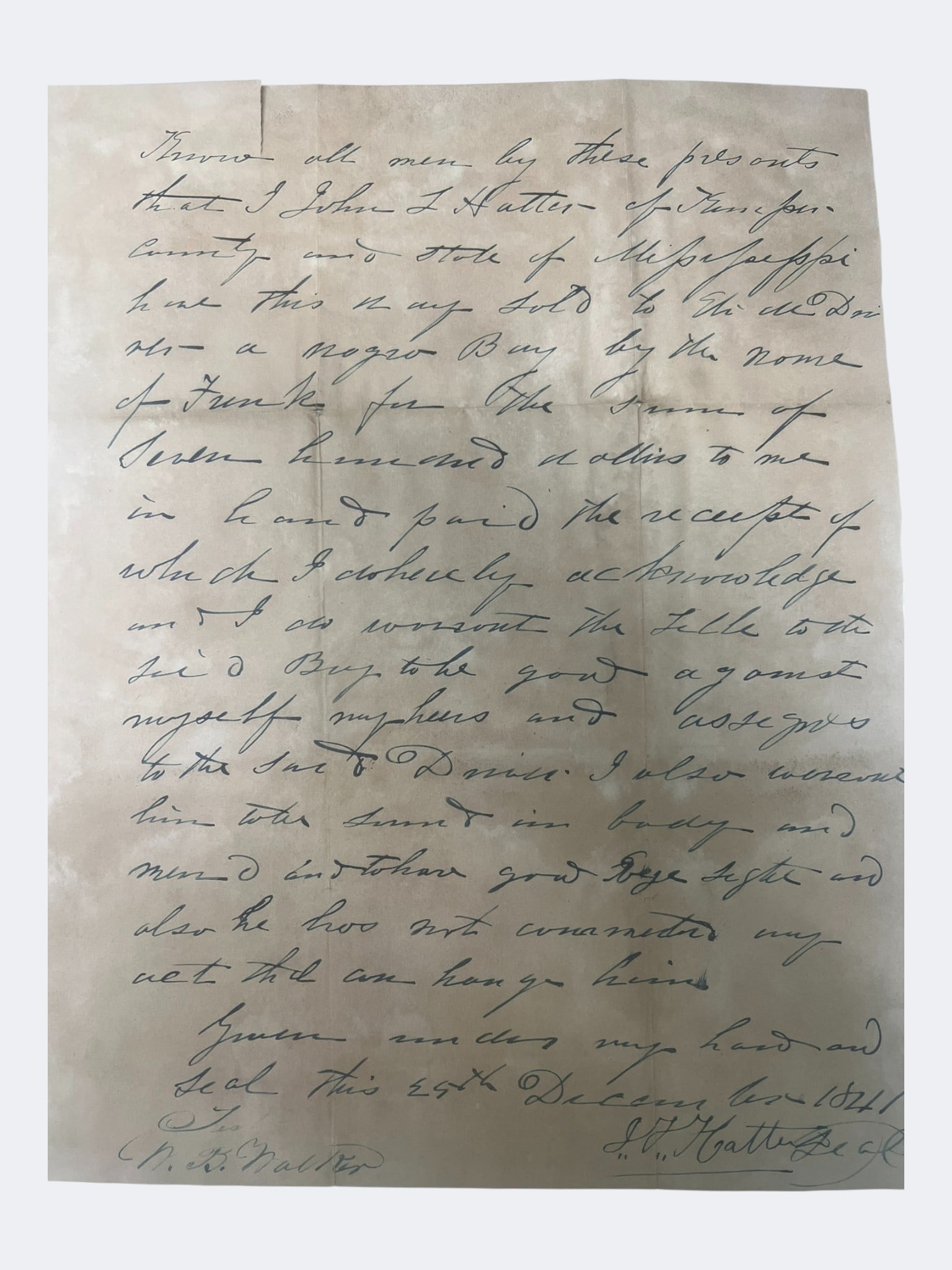 1842 Mississippi Slave Bill of Sale. Enslaved Boy “Frank,” Sold to Eli M. Driver (1 of 2)