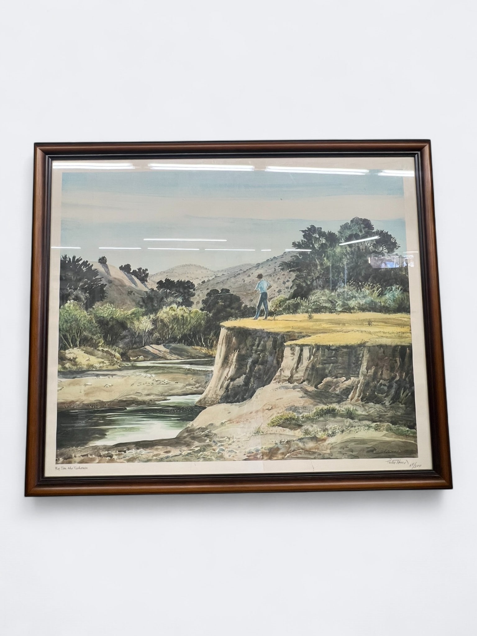 Peter Hurd (American, 1904–1984), Lithograph “My Son, the Fisherman”: Limited edition lithograph, #58 of 300, signed lower right and titled lower left. A serene Southwestern landscape depicting a lone fisherman on a riverbank amid rugged hills, exemplifying Hurd’s poe